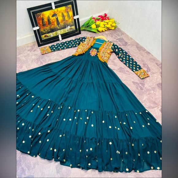 Deep Sea Blue Color Party Wear Gown - Picture 5 of 7